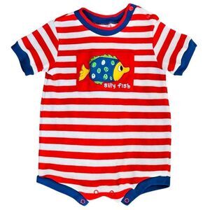 Small Steps VINTAGE Baby Short Sleeve Embroidered Silly Fish Romper. 3-6 Months.